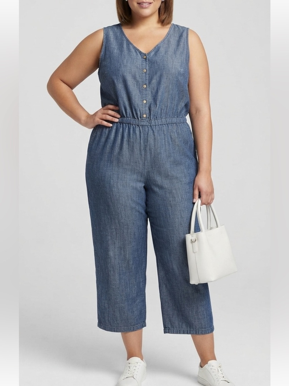 SIGNATURE COLLECTION Cotton Denim Button Front Sleeveless Jumpsuit 1X